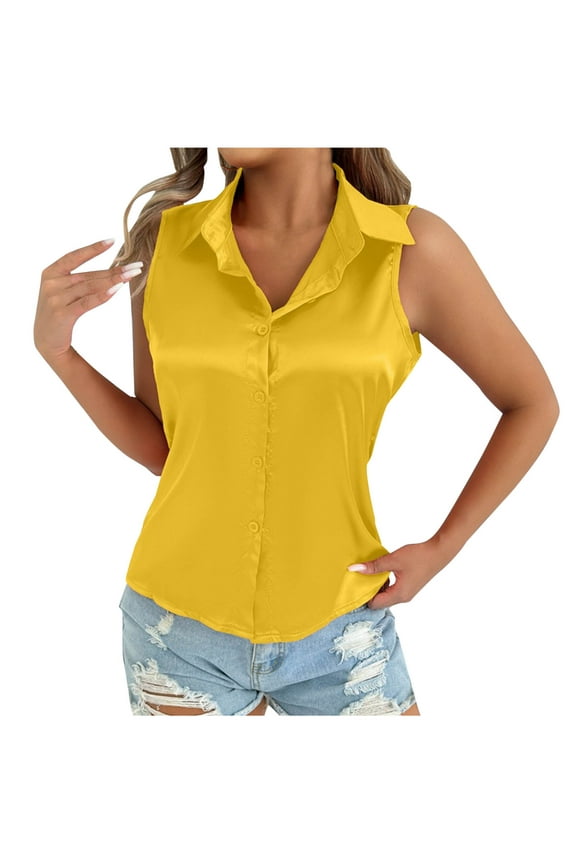 Womens Silk Satin Sleeveless Button down Shirts Collared V Neck Tank Tops Business Casual Blouses for Work Office Summer Tees