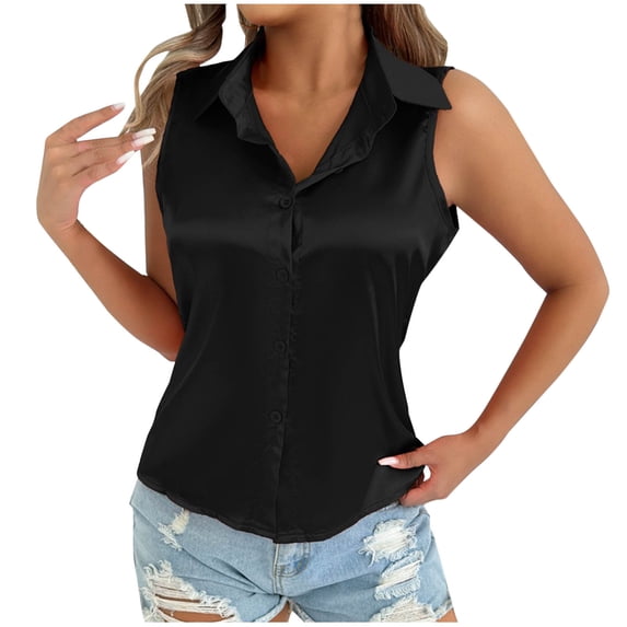 cfhntfmh Womens Silk Satin Sleeveless Button down Shirts Collared V Neck Tank Tops Business Casual Blouses for Work Office Summer Tees