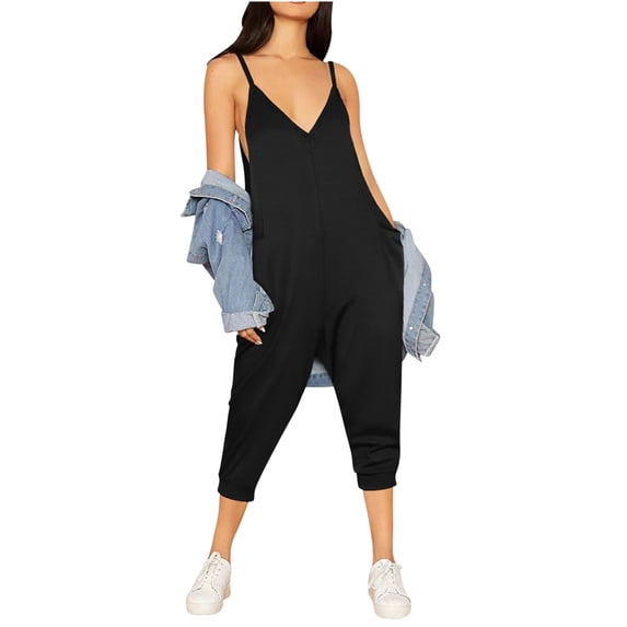 XuJwPNcy Womens Sleeveless Jumpsuits Spaghetti Strap Overall Jumpsuit V Neck Summer Cropped Romper with Pockets