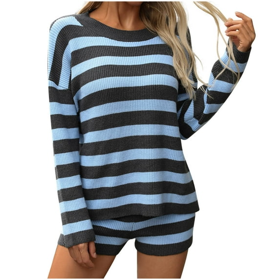XuJwPNcy Womens Striped Sweater Set 2 Piece Lounge Outfits Knit Long Sleeve Top with Shorts Matching Pajamas Sets