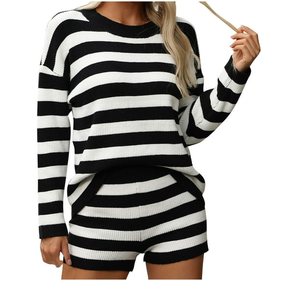 XuJwPNcy Womens Striped Sweater Set 2 Piece Lounge Outfits Knit Long Sleeve Top with Shorts Matching Pajamas Sets