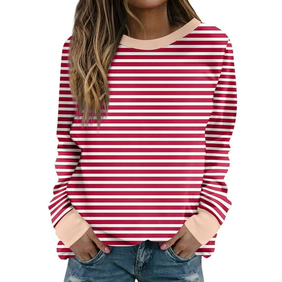 cfhntfmh Womens Striped Sweatshirt Oversized Long Sleeve Color Block Tops Casual Round Neck Fleece Lined Pullover Tops