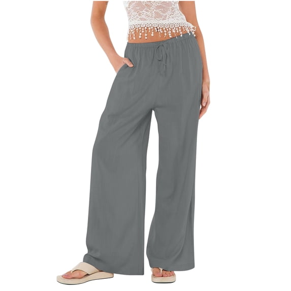 XuJwPNcy Womens Summer Casual Pants High Waist Pockets Cotton Linen Pants Baggy Palazzo Wide Leg Boho Beach Trousers