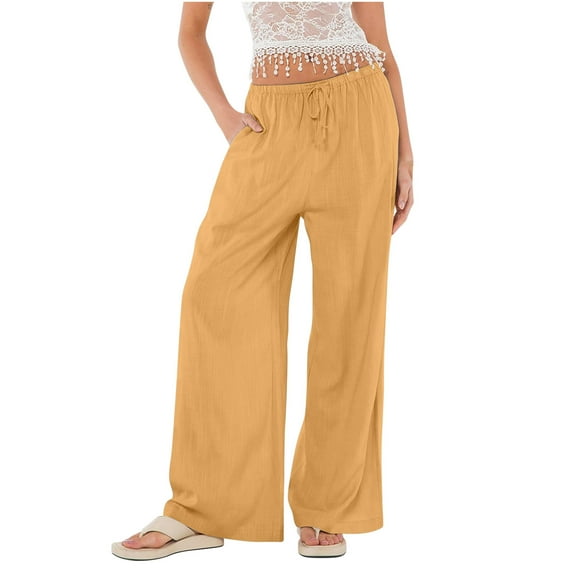XuJwPNcy Womens Summer Casual Pants High Waist Pockets Cotton Linen Pants Baggy Palazzo Wide Leg Boho Beach Trousers