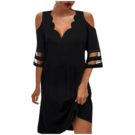 XuJwPNcy Womens Summer Dress Cold Shoulder 3/4 Sleeve Short Dresses Casual Solid Color Plus Size Dress