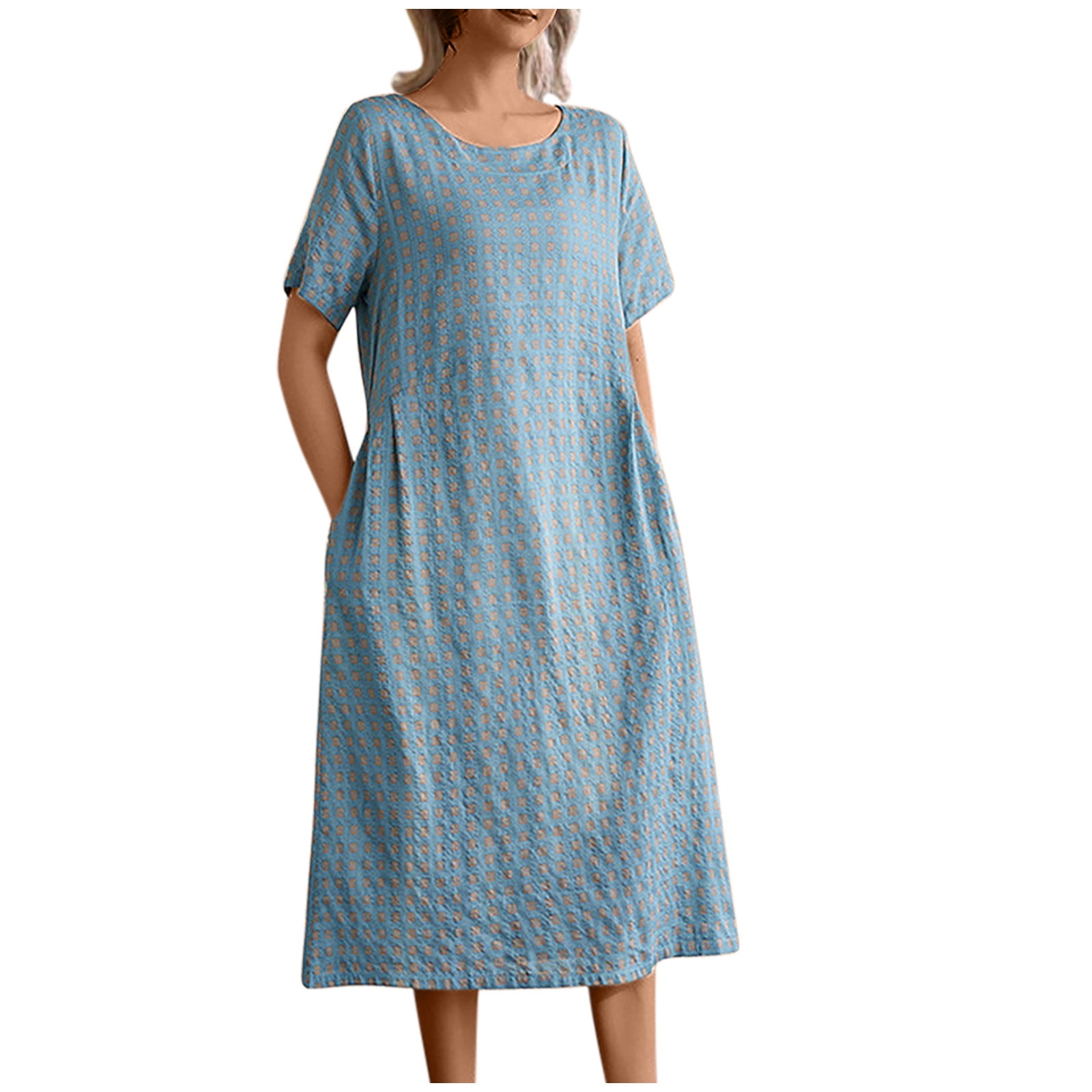 Yuzhih Womens Summer Dresses Cotton Linen Short Sleeve Midi