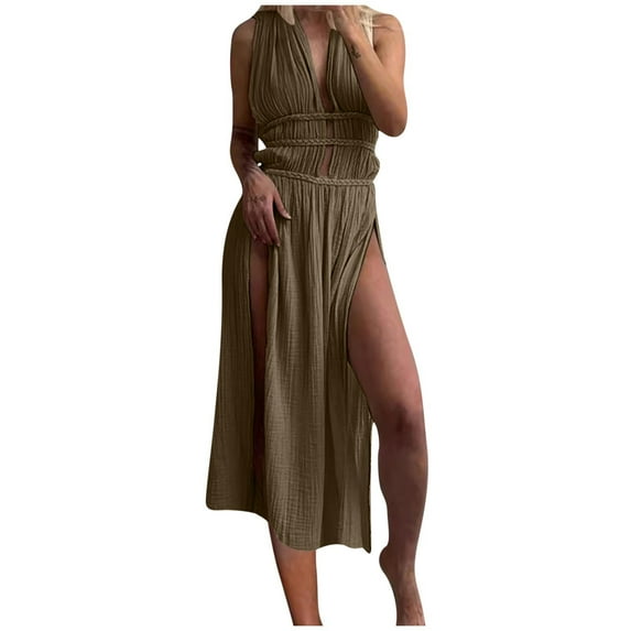 Yuzhih Womens Summer Dresses y Sleeveless V Neck Midi Dress Elastic Tie Waist Plain Split Club Party Dresses