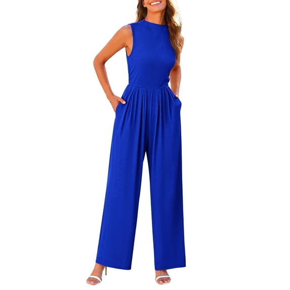 Yuzhih Womens Summer Elegant Jumpsuits Dressy Work Outfits Sleeveless Mock Neck Wide Leg Pants Rompers with Pockets