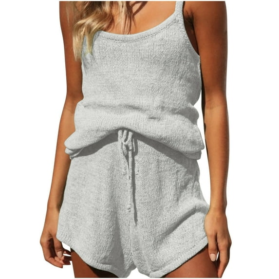 Yuzhih Womens Summer Two Piece Outfits Fashion Knit Sweater Sets Sleeveless V-Neck Tank Tops and Shorts Set