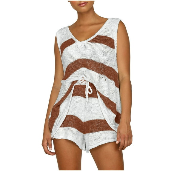 Yuzhih Womens Summer Two Piece Outfits 2024 Fashion Knit Sweater Sets Sleeveless V-Neck Tank Tops and Shorts Set