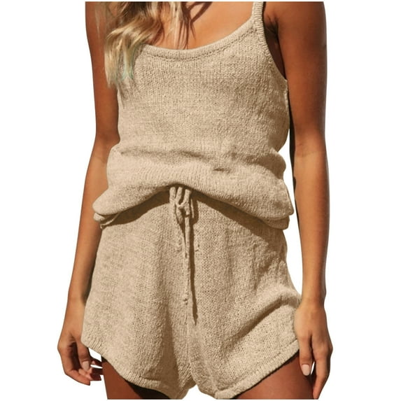 XuJwPNcy Womens Summer Two Piece Outfits Fashion Knit Sweater Sets Sleeveless V-Neck Tank Tops and Shorts Set
