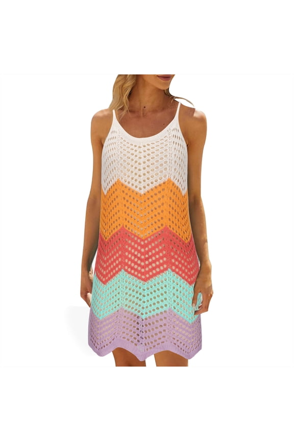 Womens Swimwear Cover Ups Summer Crochet Hollow out Knit Bathing Suit Sleeveless Beach Cami Dress