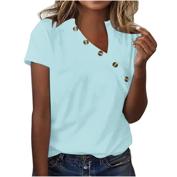 Yuzhih Womens T Shirts V-Neck Short Sleeve Tops Loose Casual Summer Tees Button down Blouses