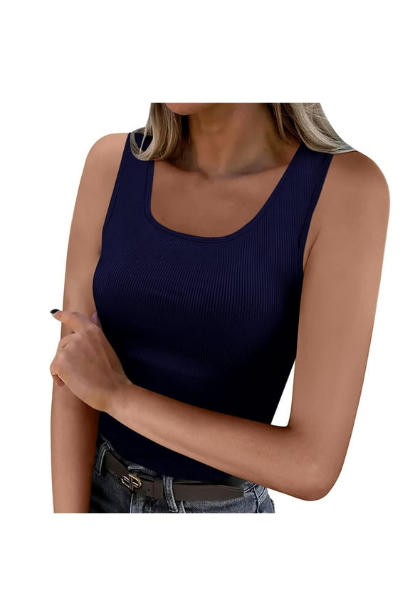 Womens Tank Tops Summer Ribbed Square Neck Sleeveless Shirts Solid Color Basic Top