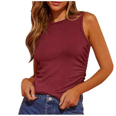 Yuzhih Womens Tank Tops Summer Sleeveless Round Neck Ribbed Knit Slim Blouse Side Ruched Basic Tees Shirts