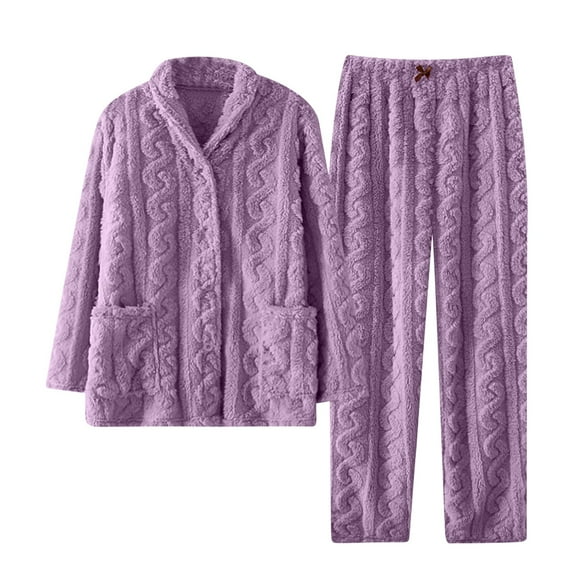 XuJwPNcy Womens Warm Fleece Pajamas Sets Long Sleeve Button down Fuzzy Top with Pants Two Piece Outfits Loungewear