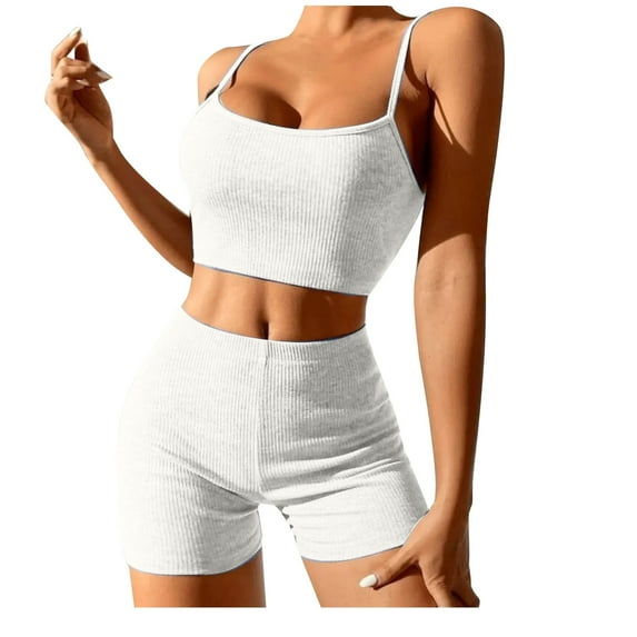 XuJwPNcy Womens Workout Sets Sleeveless Ribbed Tank Crop Top with Biker Shorts 2 Piece Yoga Outfits Active Wear