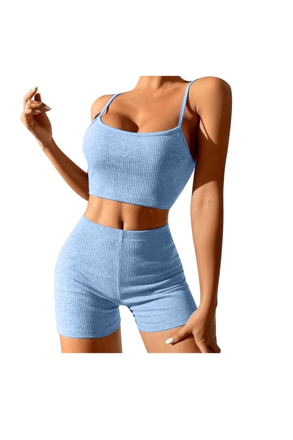 Womens Workout Sets Sleeveless Ribbed Tank Crop Top with Biker Shorts 2 Piece Yoga Outfits Active Wear