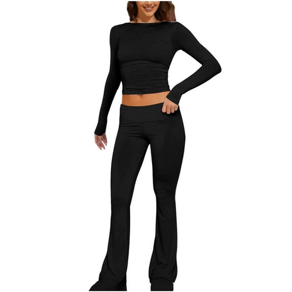 XuJwPNcy Workout Outfits for Women 2 Piece Ribbed Knit Exercise Long Sleeve Tops and Low Rise Flare Pants Active Yoga Set