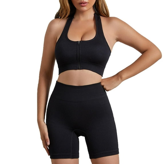 XuJwPNcy Workout Sets for Women 2 Piece Ribbed Long Sleeve Zip up Crop Tank with Biker Shorts Gym Yoga Outfits