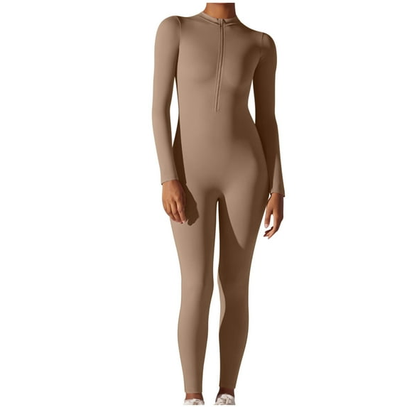 XuJwPNcy Workout Yoga Jumpsuits for Women Long Sleeve High Neck Zip Front Exercise Romper Skinny Pants Outfit Clubwear