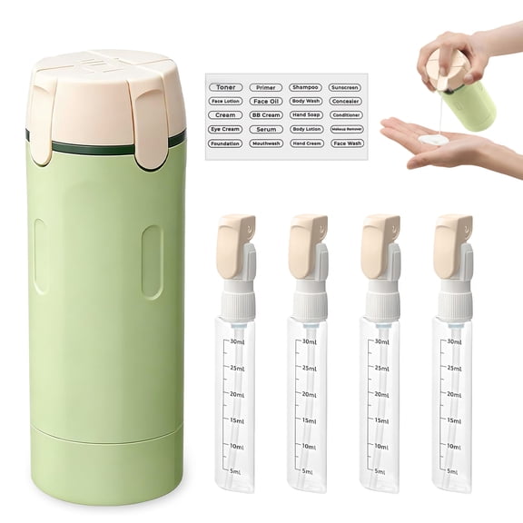 Yvagay 4 in 1 Travel Dispenser Bottle, Leak Proof Refillable Travel Bottles for Toiletries, Portable Pump Bottle Set with Scale & Labels, 4×30ML ,Green