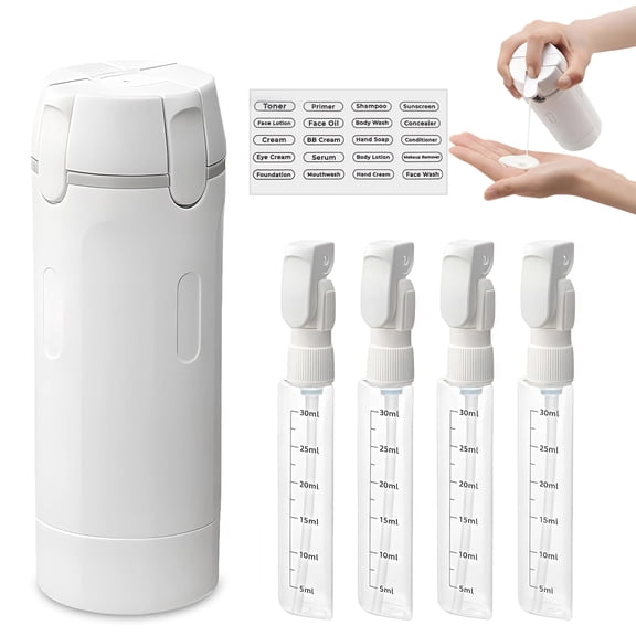 Yvagay 4 in 1 Travel Dispenser Bottle, Leak Proof Refillable Travel Bottles for Toiletries, Portable Pump Bottle Set with Scale & Labels, 4×30ML ,White