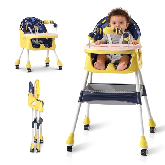 Yvagay 5-in-1 Baby High Chair with PU Leather Seat, Removable Double Trays, Locking Wheels, Height Adjustable & Foldable Feeding Chair for 6M5Y