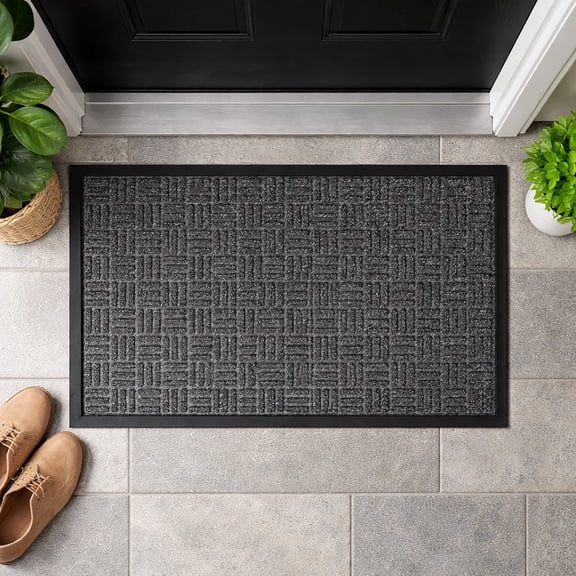 Evideco Dark Grey Checkerboard Rubber Door Mat 30x18 Inches - Rubber Backing, Weather Resistant - Outdoor - Front Door Mat for Entryway, Porch, Patio