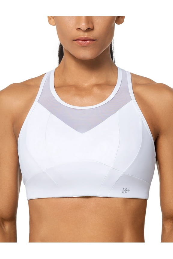 High Neck Supportive Sports Bra High Impact - No Bounce Soft Moisture Wicking for Running Racerback Plus Size,White,L+