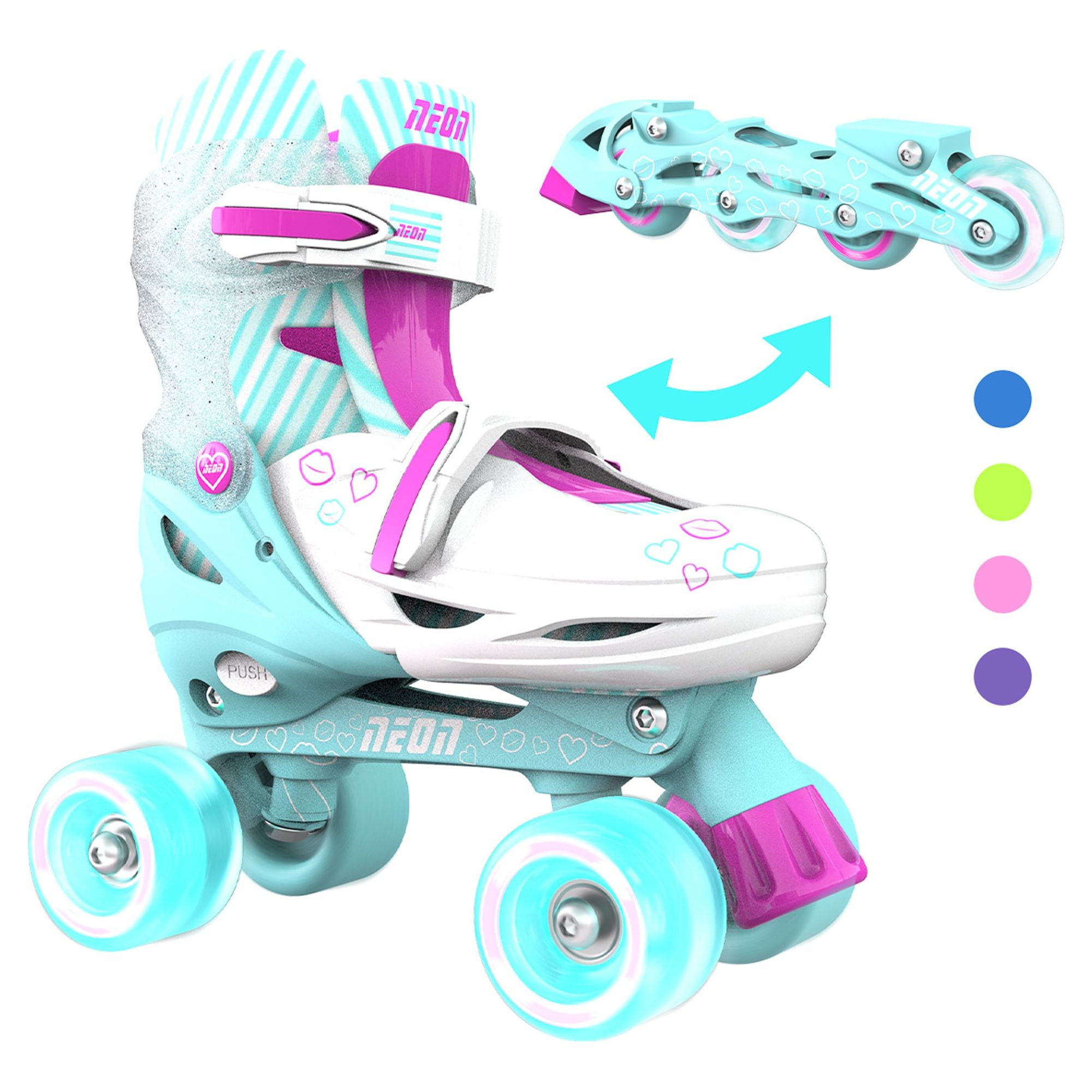 Yvolution Neon Roller Skates 2 in 1 Inline Skates and Quad - Girls and Boys Kids Skates, Size 3-6 Adjustable, Green and Pink