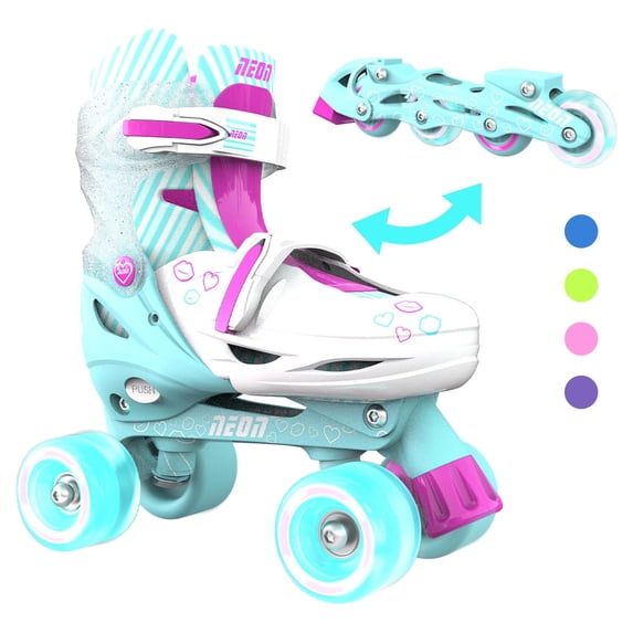 Yvolution Neon Roller Skates 2 in 1 Inline Skates and Quad - Girls and Boys Kids Skates, Size 3-6 Adjustable, Green and Pink