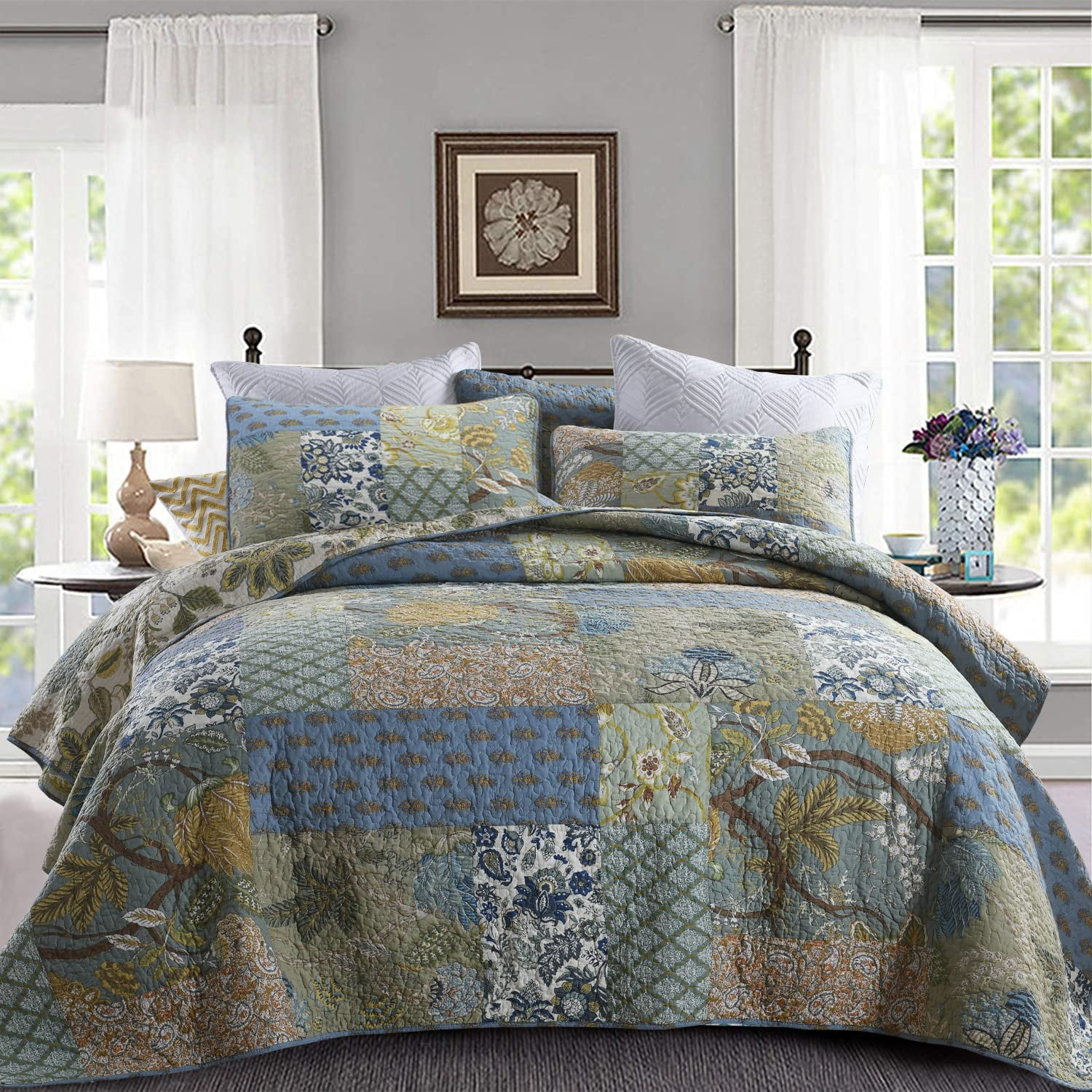 Yvooxny Quilt Set King Bedspread Reversible Green Farmhouse Garden