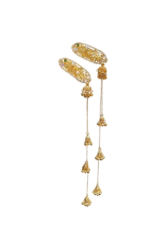 1 Pair Gold Rhinestone Flower Bell Tassel Side Hair Clips for Women Daily Wear