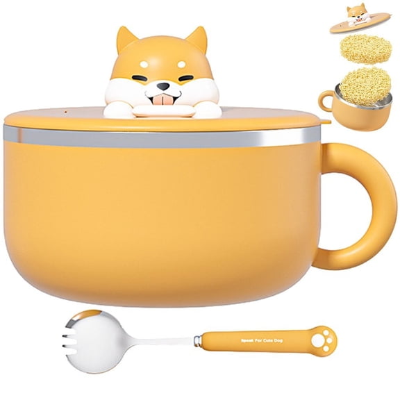 Yvsxxv 1200ml Ramen Bowl Cute Dog Stainless Steel Instant Noodle Bowl with Lid and Spork Speedy Ramen Cooker Soup Bowls for Home Office Dorm