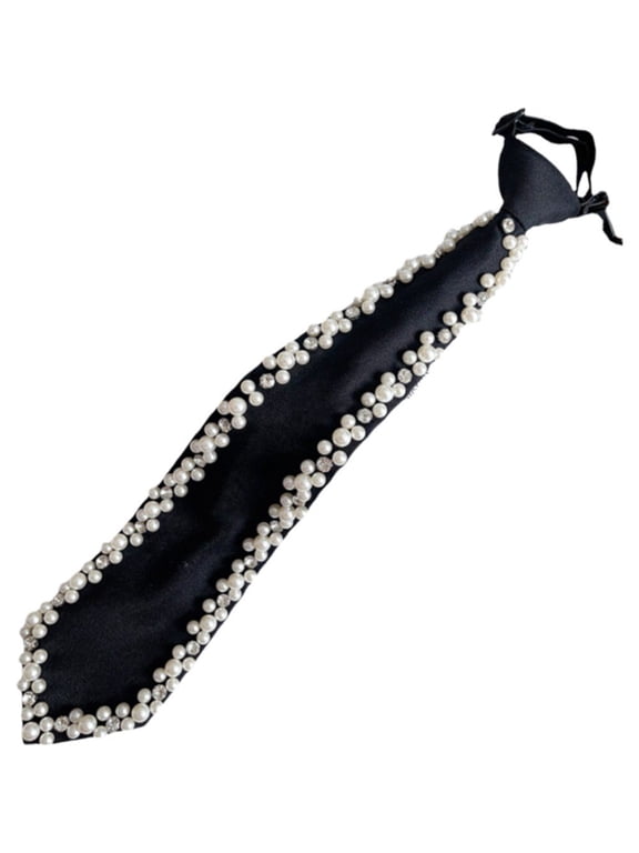 1Pc Black Artificial Pearls Decorated Pretied Necktie for Women Event Business Meeting