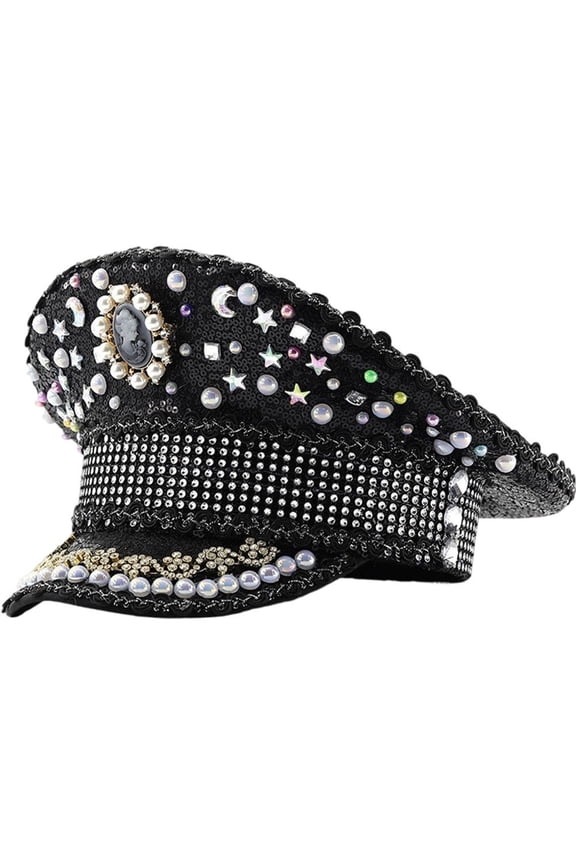 1Pc Black Hand Beaded Sequins Rhinestone Captain Style Hat Party Headwear