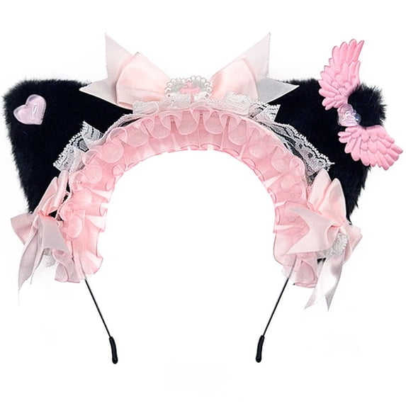 Yvsxxv 1Pc Black Pink Lace Bow Cat Ear Headband Hair Accessories