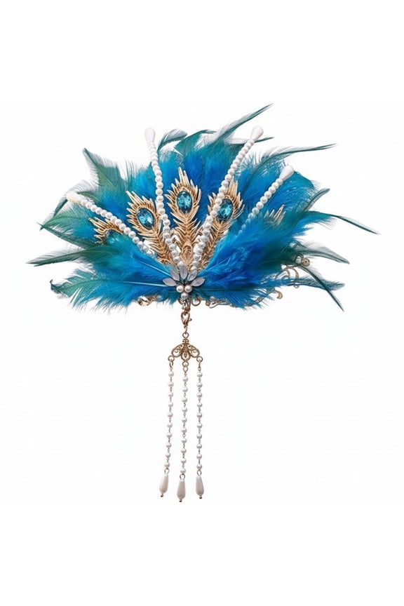 1Pc Blue Chinese Phoenix Crown Beaded Tassel Hanfu Headband