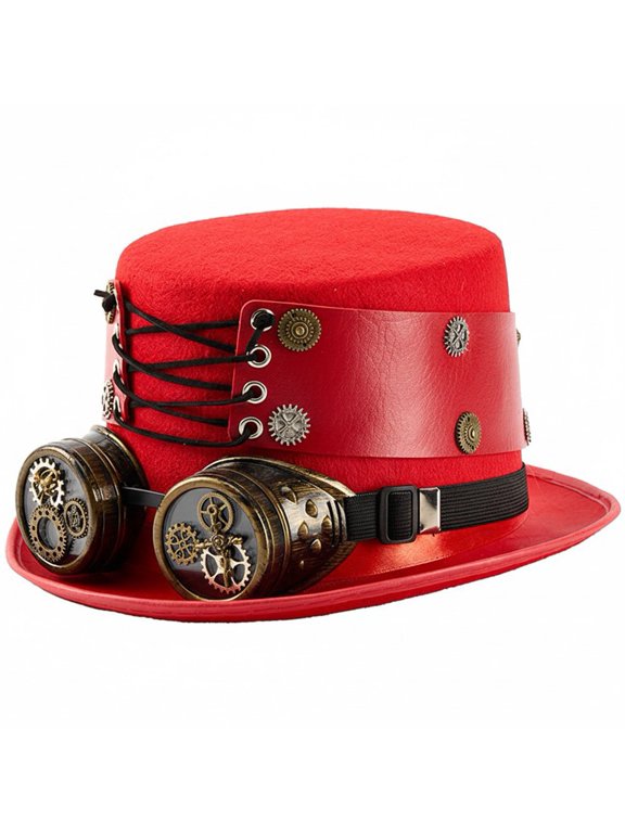 1Pc Red Steampunk Style Top Hat With Removable Goggles Vintage Headwear