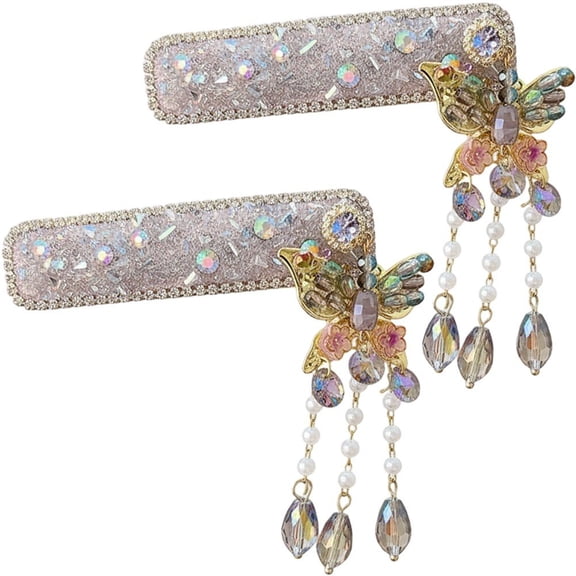 Yvsxxv 2 Pcs Purple Rhinestone Butterfly Tassel Snap Hair Clips for Women Daily Wear