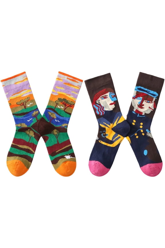 2Pairs Style2 Retro Oil Painting Crew Socks for Adults Daily Casual