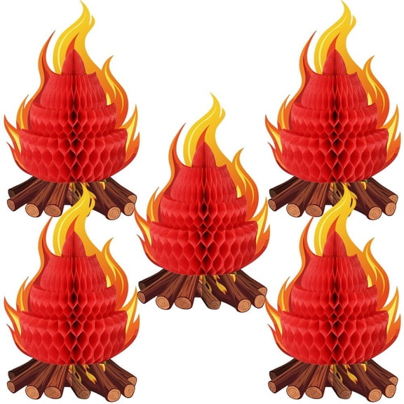 Yvsxxv 3D Bonfire Honeycomb Centerpieces Paper Decor for Camping Theme Birthday Party Home Decoration, 5 Pack