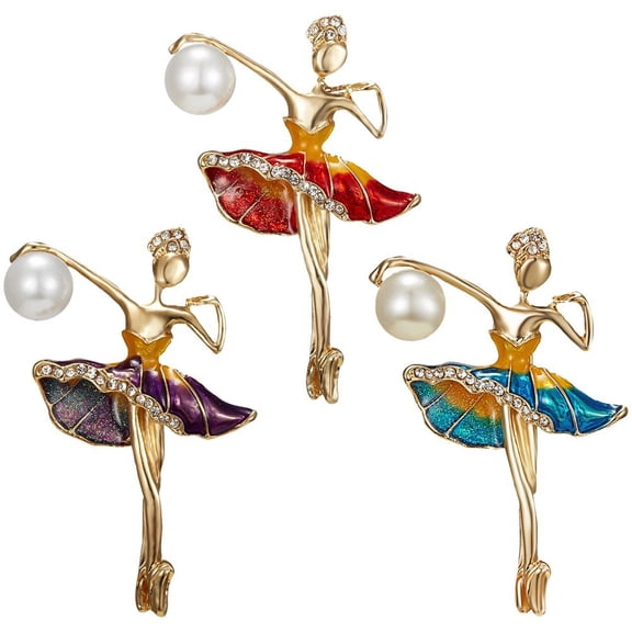 Yvsxxv 3Pcs Rhinestone Pearl Ballet Dancer Brooch Set Elegant Lapel Pin for Women 5.2x3.6cm