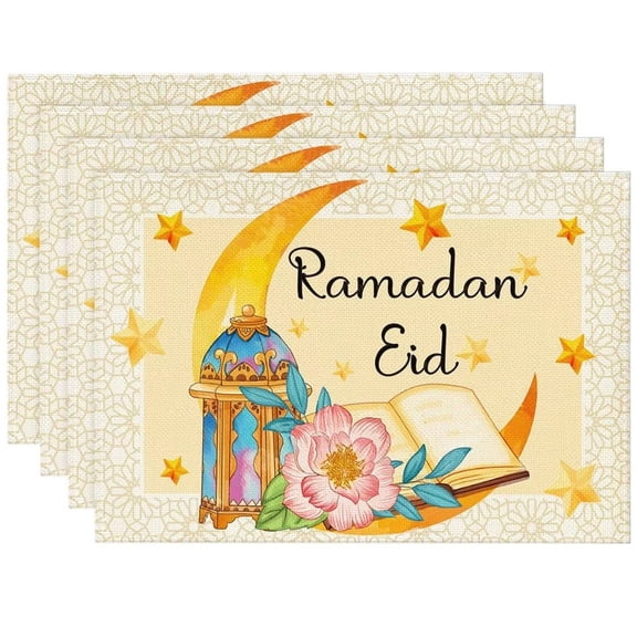 Yvsxxv 4psc Ramadan Placemats Set , Square Placemat Moon Oil Lamp Pattern Placemat Spring Table Mats for Kitchen and Dining Decoration