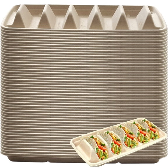 Yvsxxv 50 Pcs Biodegradable Taco Holder Tray With 5 Dividers, Bagasse Paper Taco Holder Recycleable Taco Plate Taco Stand for Taco Tuesday Party