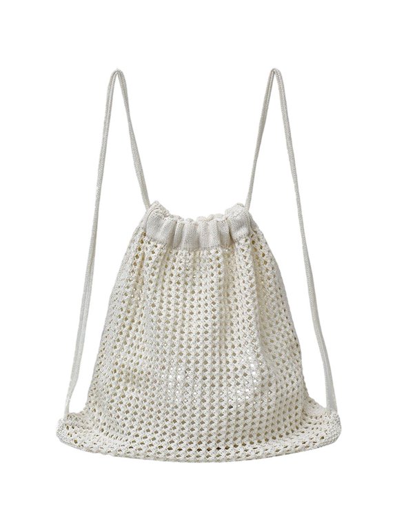 Beige White Woven Crochet Drawstring Backpack, Women Boho Travel Commuting Backpack, 1 Pc