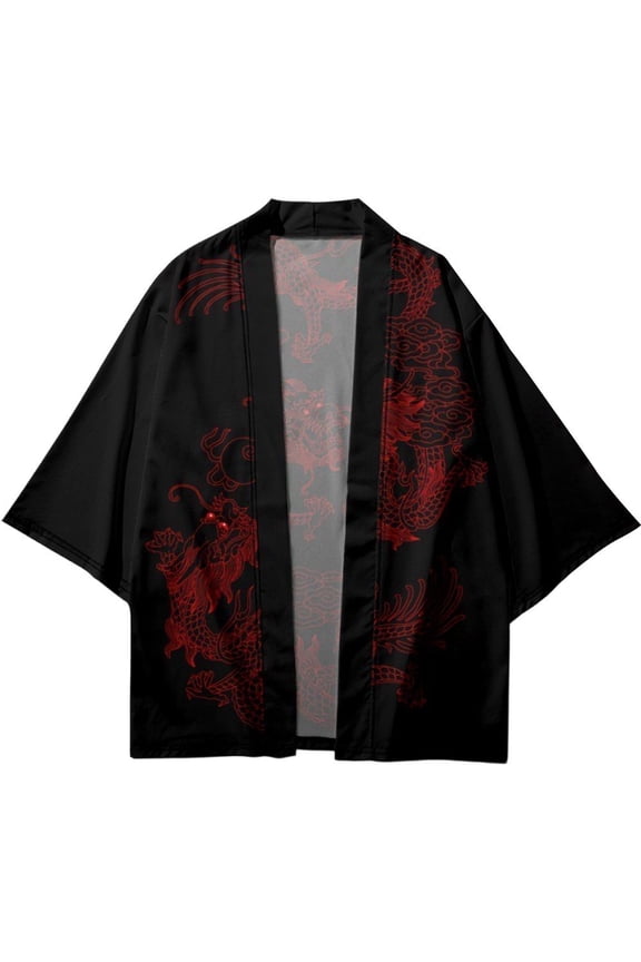 Black Dragon Print Men's Japanese Style Summer Cardigan Robe XXXL Size