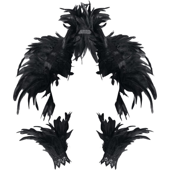 Yvsxxv Black Feather Cape with Feather Wristbands Gothic Shawl Shrugs & Boleros for Carnival 1Set