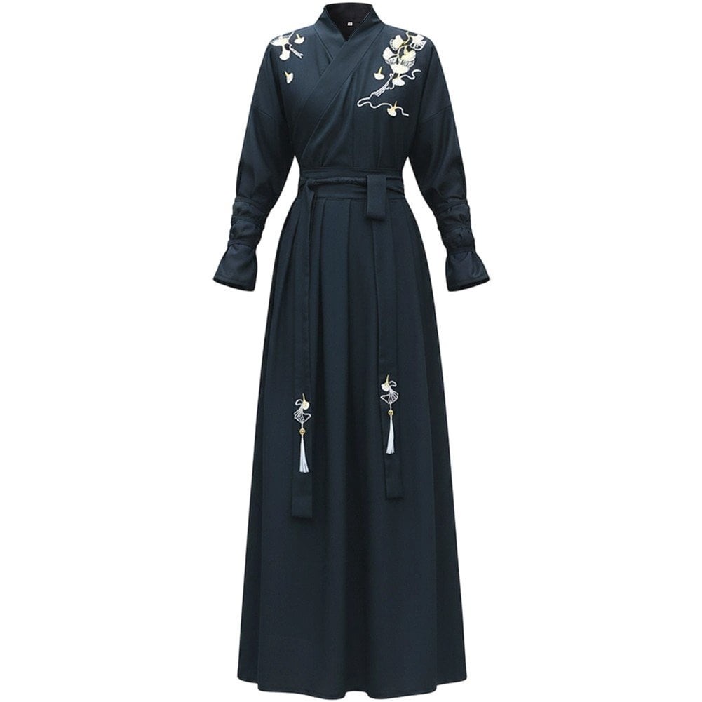 Yvsxxv Black Ginkgo Leaves Pattern Traditional Chinese Hanfu Dress for ...
